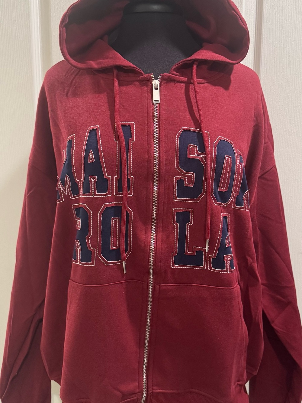 Burgundy Zip-Up Hoodie with Navy Appliqué